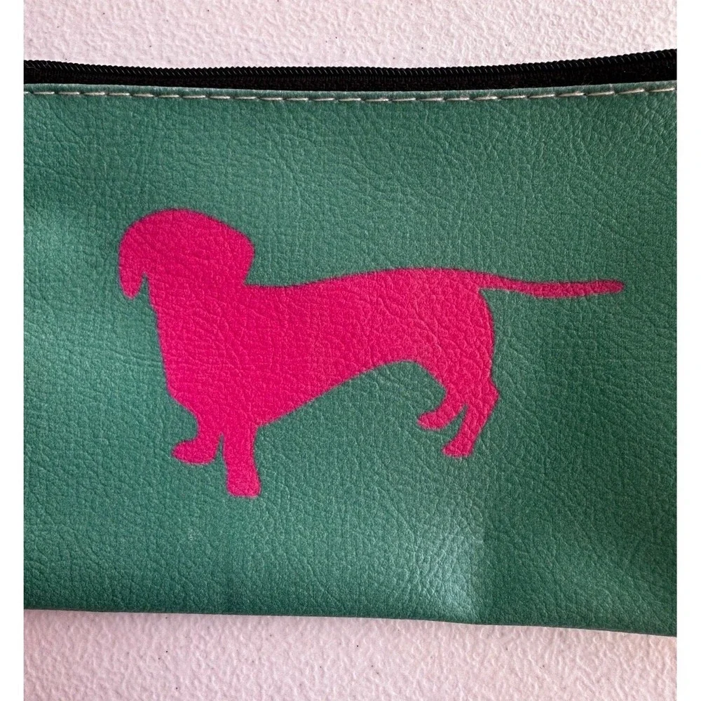 Pink Dachshund Coin Wallet Green Zip‎ Pouch Keychain Wiener Dog Card Case Clip